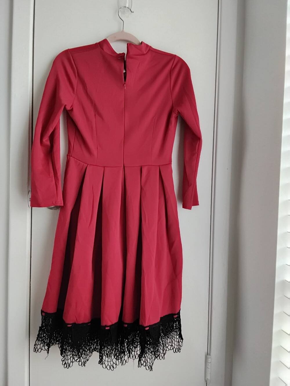 Women's Red Long-Sleeve Pleated Dress with Black Lace Trim